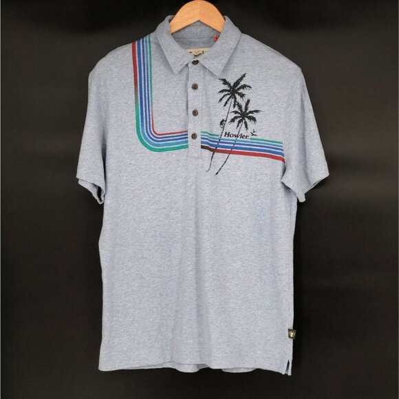 Howler Bros Men's Rookery Palm Tree Polo Shirt M Blue Heather Cotton Surf - Picture 1 of 9
